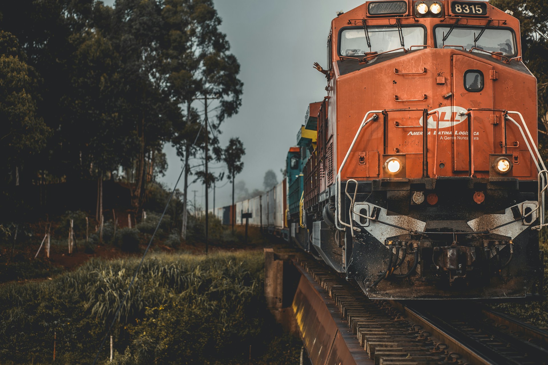 Description: A head-on photo of a red-orange locomotive engine.  A trail of attached rail cars is visible behind it.  There are trees to one side of the tracks.  Photo by Guilherme Stecanella on Unsplash.
