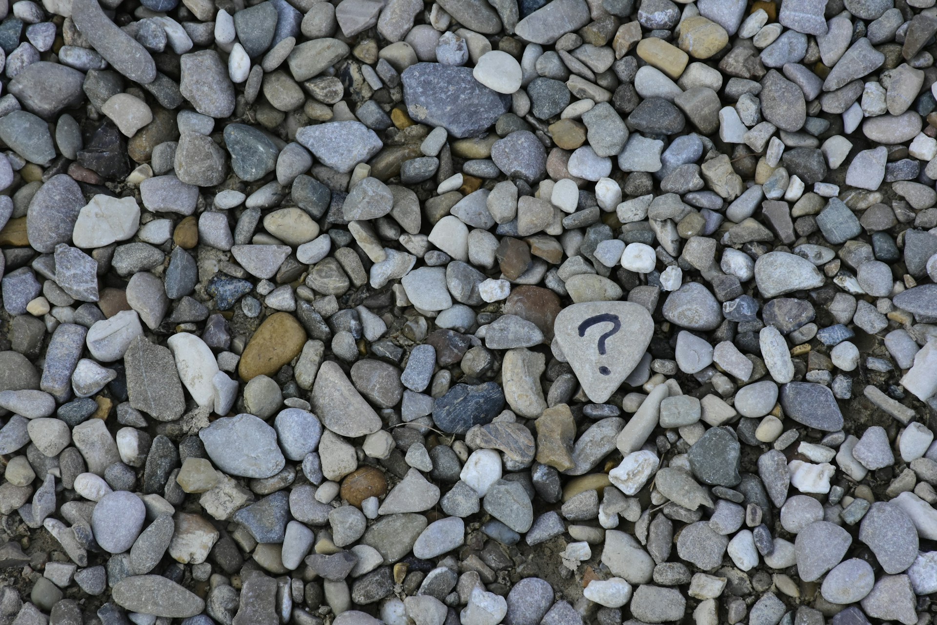 An overhead photo of stones.  One stone has a question mark painted on it.  Photo by Ana Municio on Unsplash.