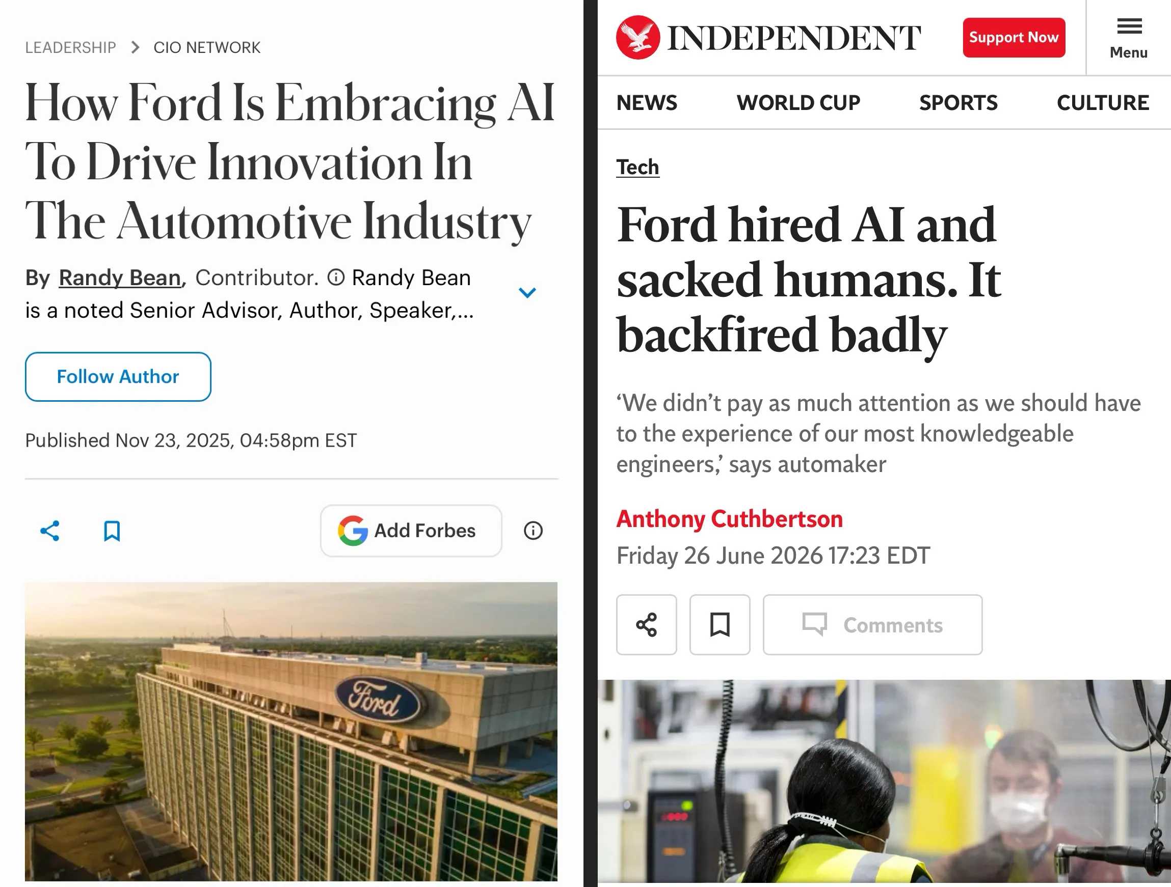 On the left, from Forbes (2025/11/23): 'How Ford Is Embracing Al To Drive Innovation In The Automotive Industry'  On the right, from The Independent (2026/06/26) 'Ford hired Al and sacked humans. It backfired badly'