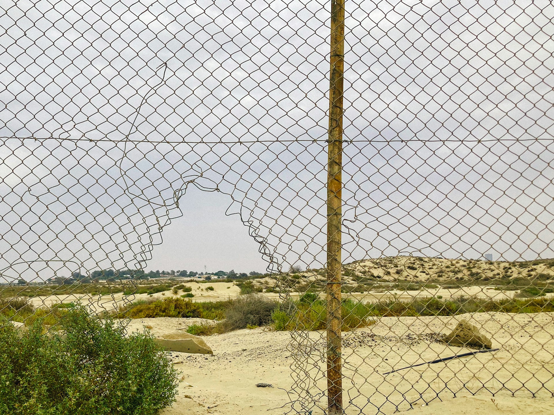 A wire fence with a large hole in it. Photo by Vanburn Gonsalves on Unsplash.